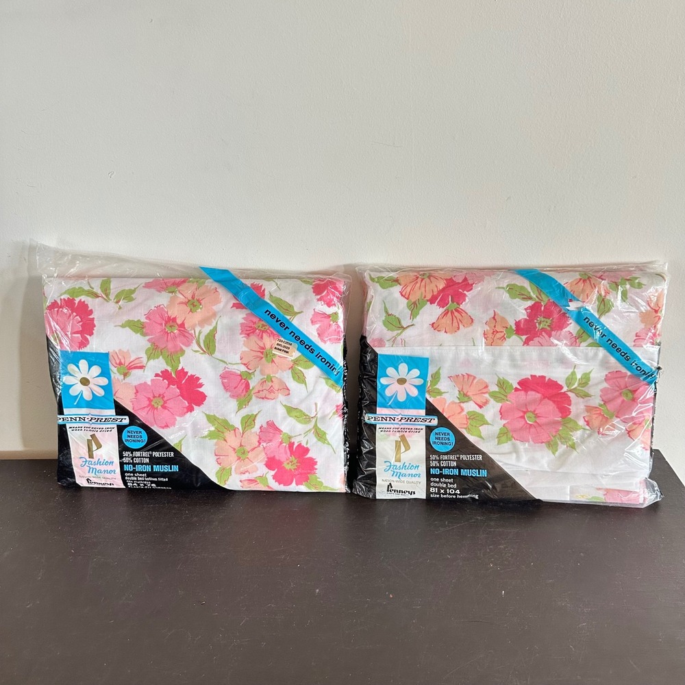 Vintage Penneys Fashion Manor Double Sheet Set Pink Floral No-Iron Muslin NIP